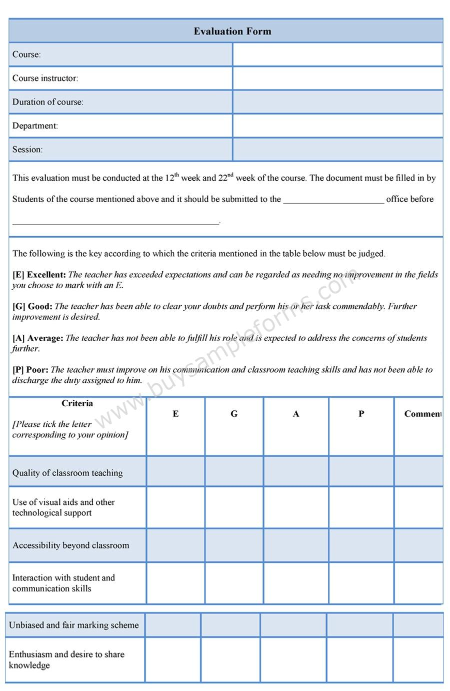 Sample Evaluation Form Evaluation Word Template