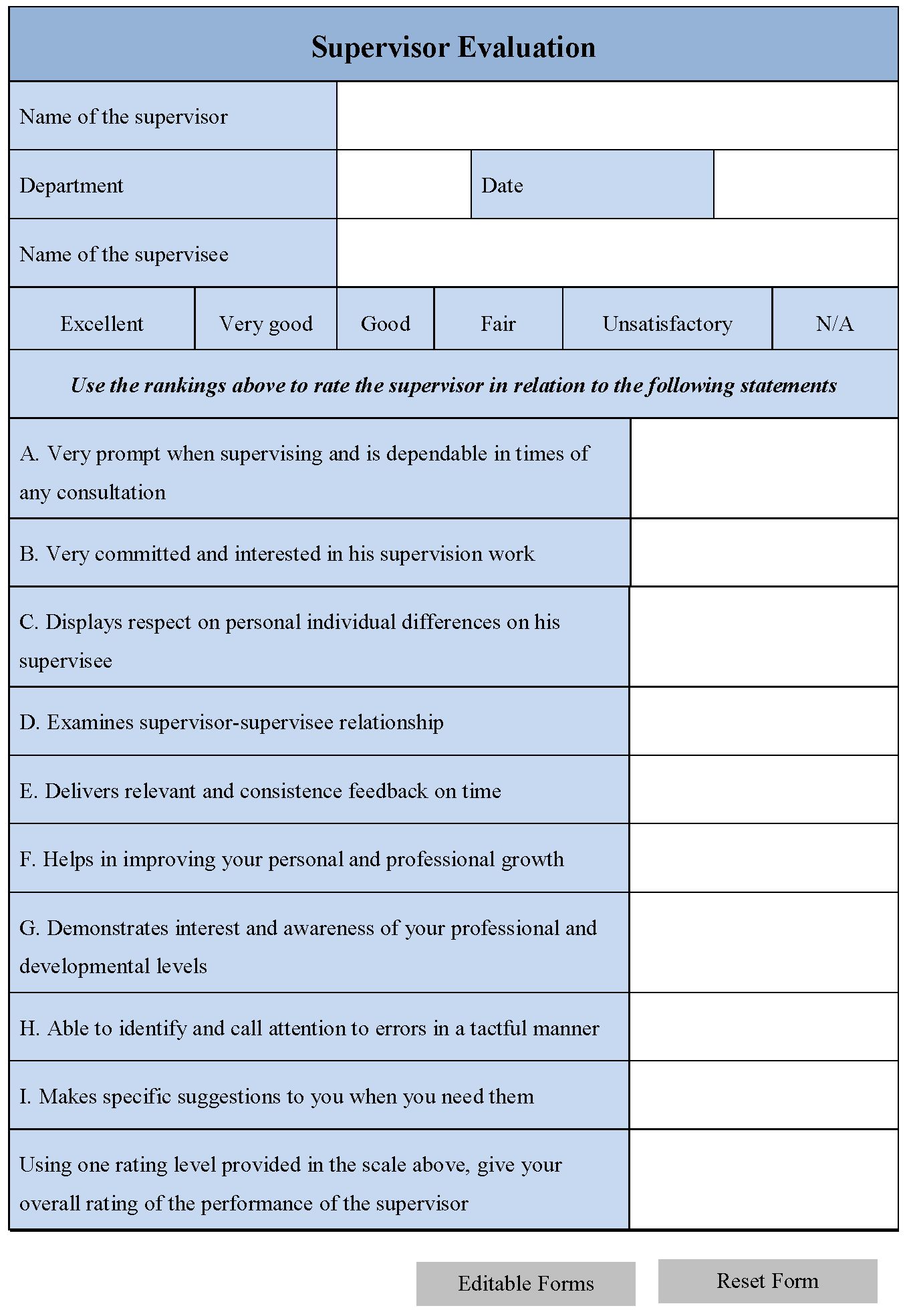 Supervisor Evaluation Form Editable PDF Forms