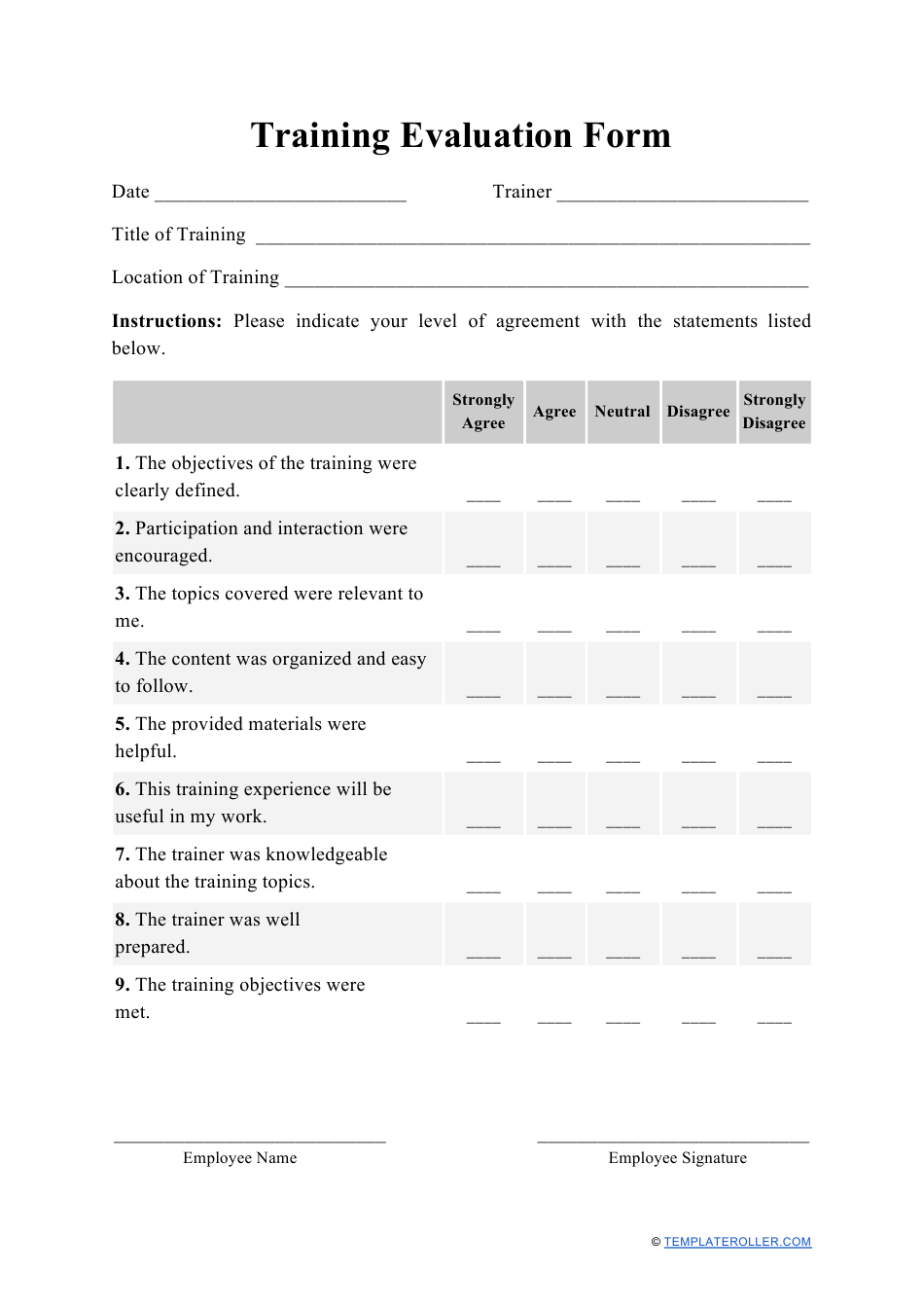 Training Assessment Form Training Evaluation Training Evaluation