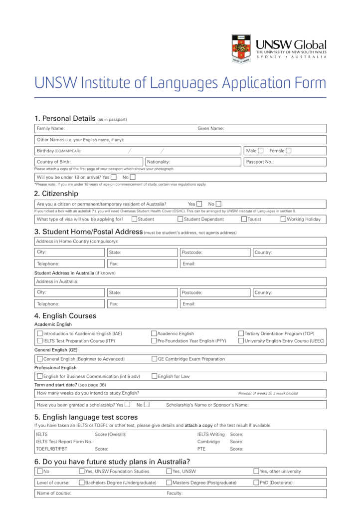 UNSW Institute Of Languages Application Form